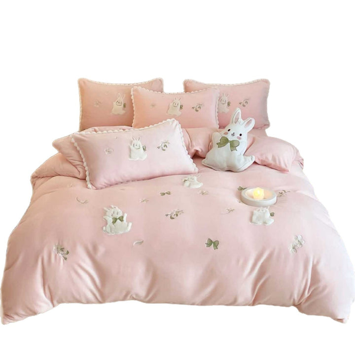 Pastel Embroidered Bunny Plush-Accent Cotton Duvet Cover Set with Scalloped Pillow Shams