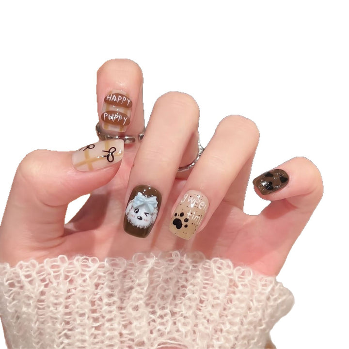 Playful Cartoon Dog-Themed Press-On Nail Art Set Stornfield