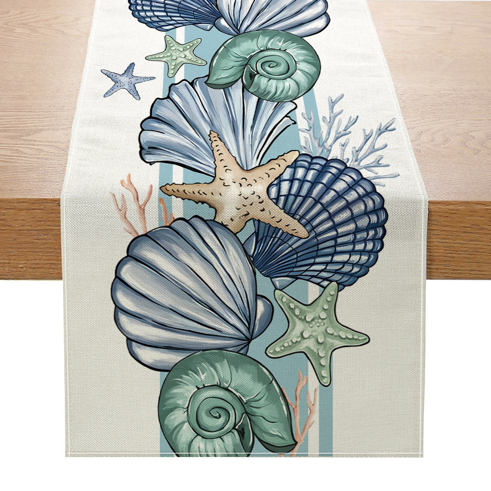 Coastal Watercolor Octopus & Sea Life Cotton-Linen Table Runner