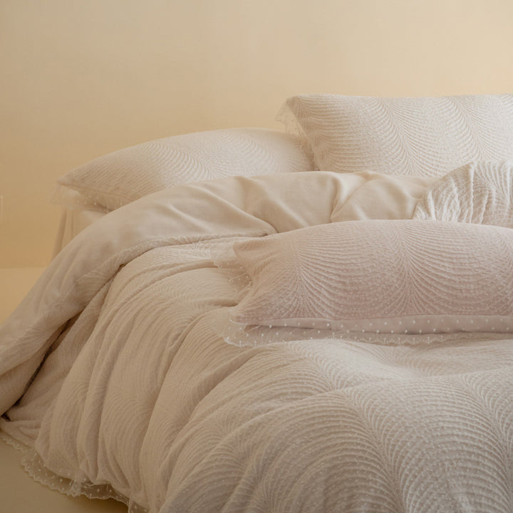Quilted Wave-Texture Comforter Set with Sheer Dotted Ruffle Pillow Shams