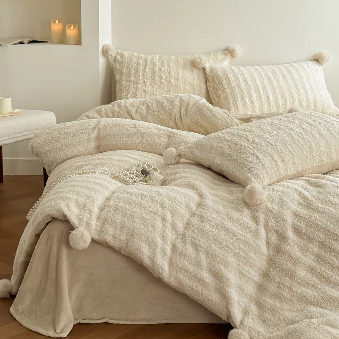 Luxury Faux-Sherpa Pom-Pom Duvet Cover Set