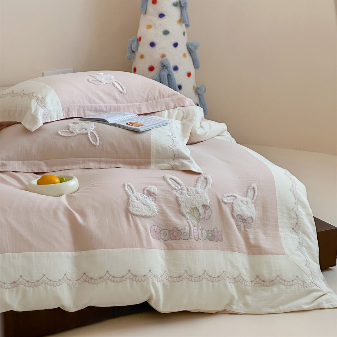 Reversible Cotton-Linen Appliqué Bunny Duvet Cover Set with Embroidered Scalloped Border