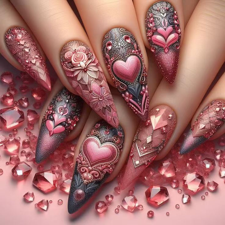 Artificial nail set with romantic 3D heart designs and luxurious embellishments Stornfield