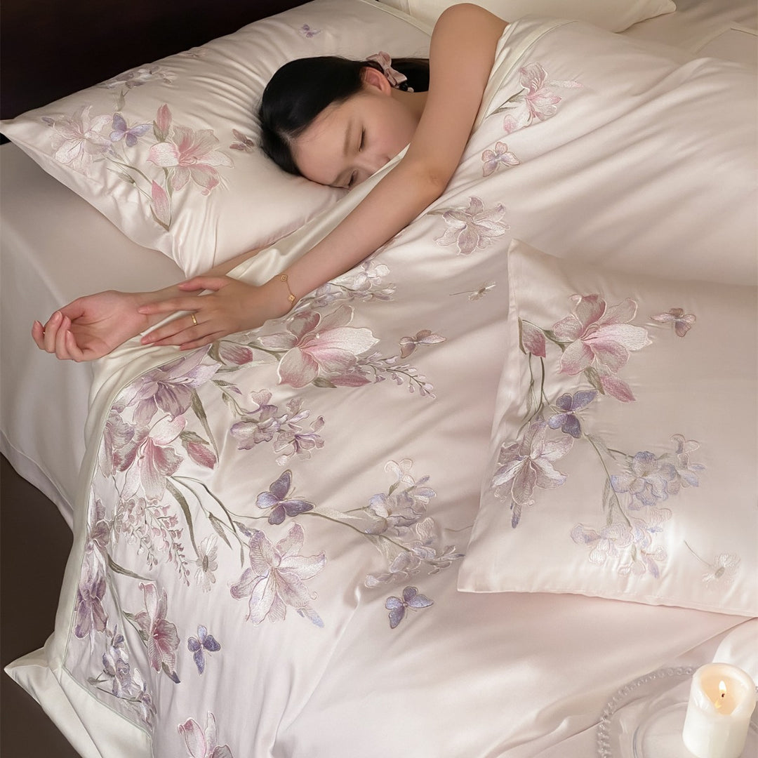 Luxury Satin Floral Embroidered Bedding Set Duvet Cover and Pillowcases