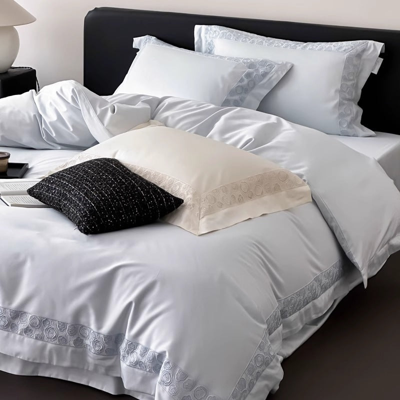 Silky Micro-Sateen Rose-Scroll Embroidered Duvet Cover Set with Scalloped Hem & Pillow Shams