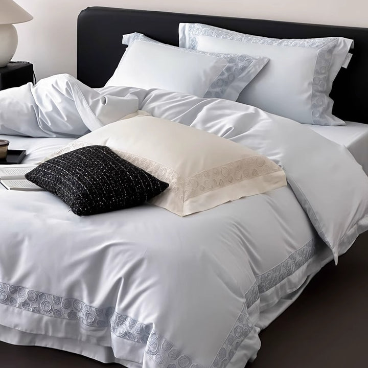 Silky Micro-Sateen Rose-Scroll Embroidered Duvet Cover Set with Scalloped Hem & Pillow Shams
