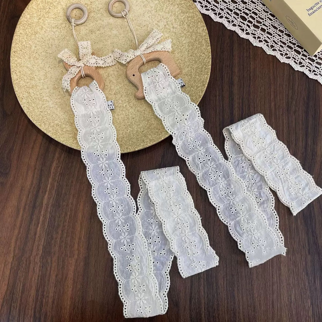 Wooden Elephant Teether with Organic Lace Sensory Ribbon