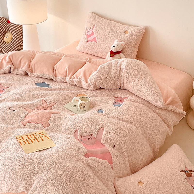Sherpa Plush Cartoon Embroidered Duvet Bedding Set