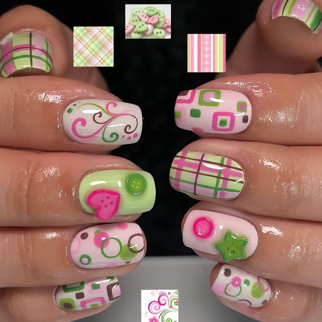 Artificial nails with playful geometric designs Stornfield