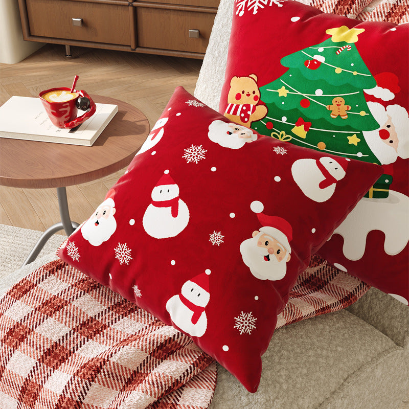 Christmas Velvet Decorative Throw Pillow Cover with Plush Holiday Illustration and Hidden Zipper