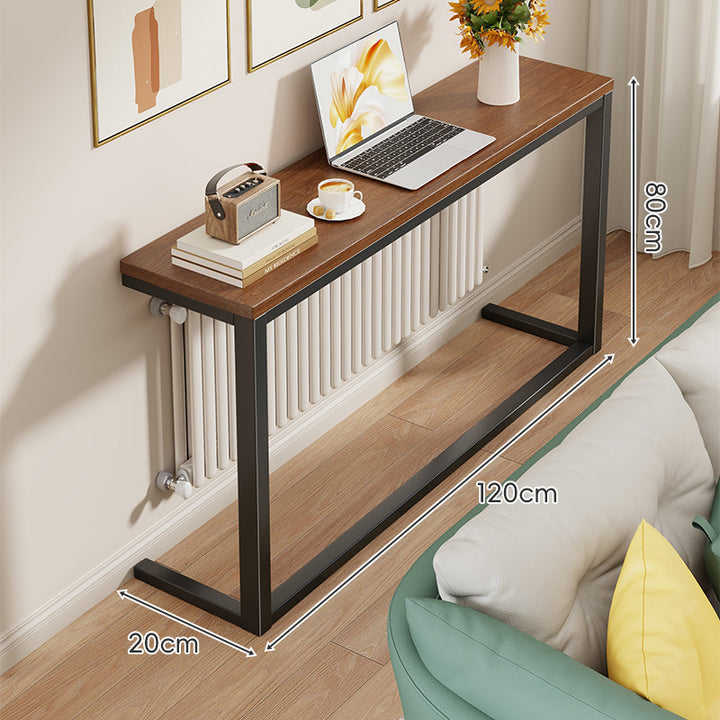 Slim Narrow Console Table with White Metal Frame and Wood-Grain Top