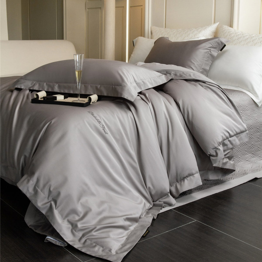 Luxury Cotton Sateen Duvet Cover Set with Embroidered Monogram and Deep-Pocket Pillow Shams