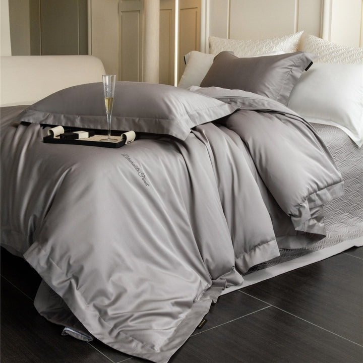 Luxury Cotton Sateen Duvet Cover Set with Embroidered Monogram and Deep-Pocket Pillow Shams