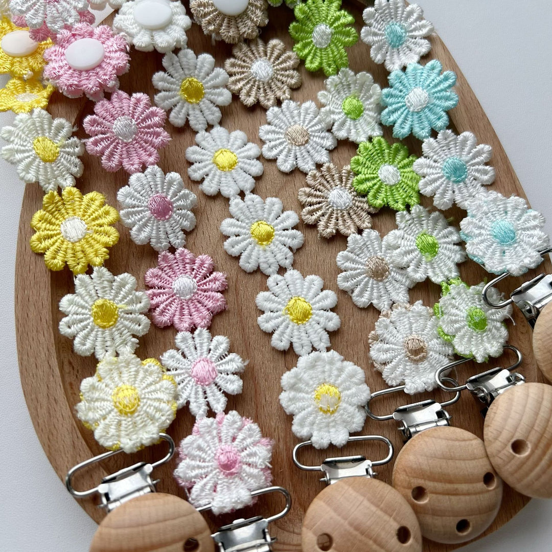 Handmade Crochet Daisy Pacifier Clip with Wooden Safety Clamp