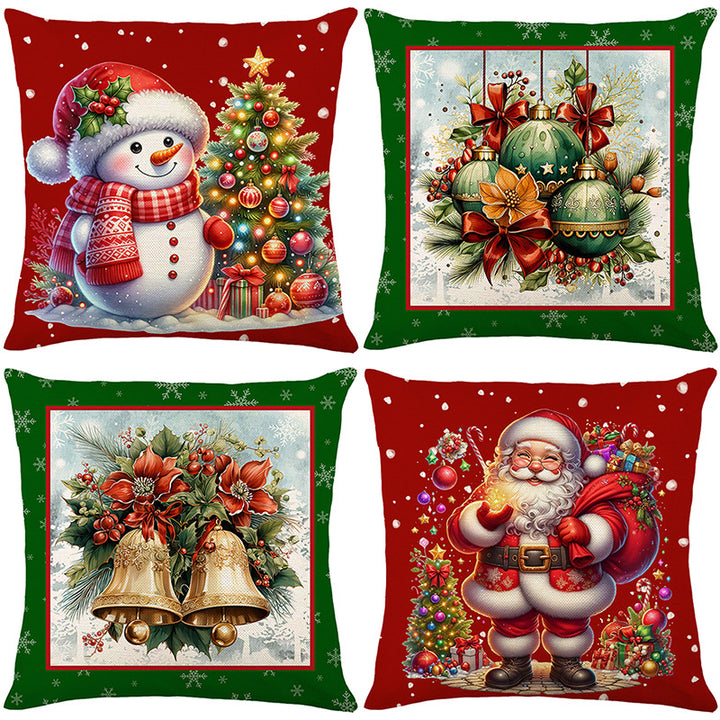 Festive Square Cotton-Linen Throw Pillow Cover with Christmas Snowman and Illuminated Tree Print