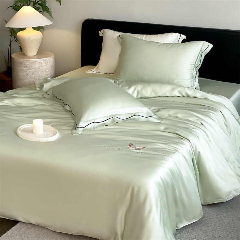 Elegant Satin Bedding Set with Fine Piping and Embroidered Butterfly