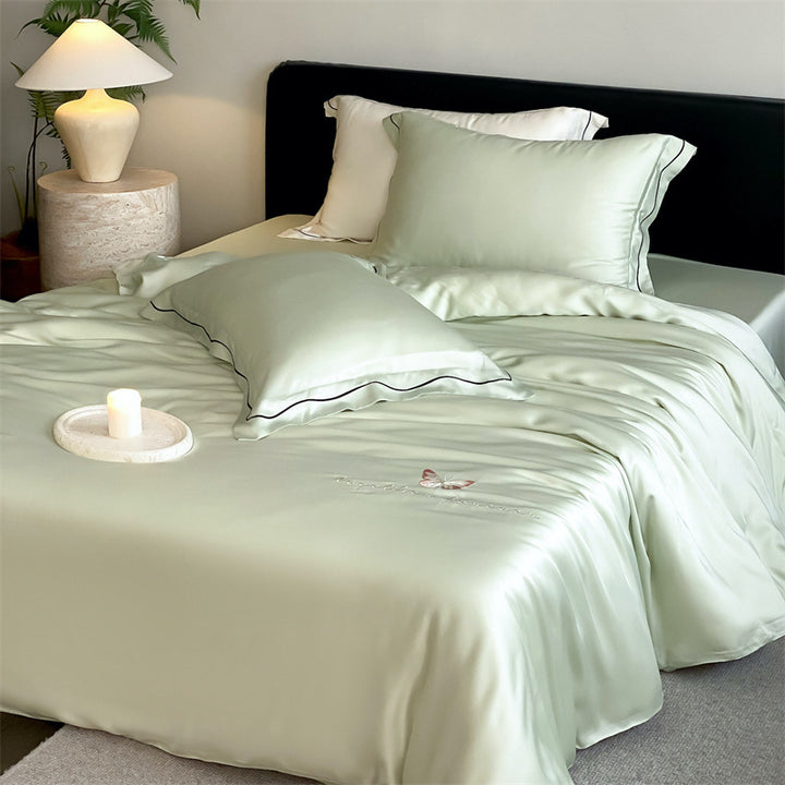 Elegant Satin Bedding Set with Fine Piping and Embroidered Butterfly