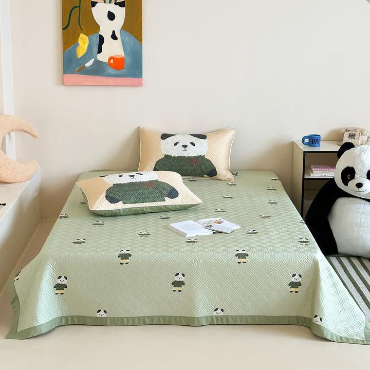 Quilted Cotton Bedspread and Pillowcase Set with Cute Cat Motif
