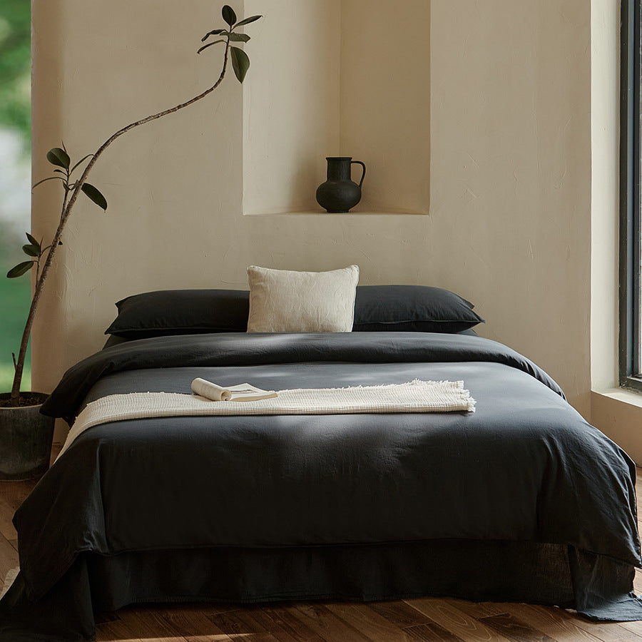 Washed Linen-Blend Duvet Cover Set with Embroidered Accent Cushion & Deep-Pocket Fitted Sheet