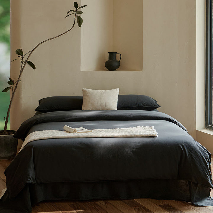 Washed Linen-Blend Duvet Cover Set with Embroidered Accent Cushion & Deep-Pocket Fitted Sheet
