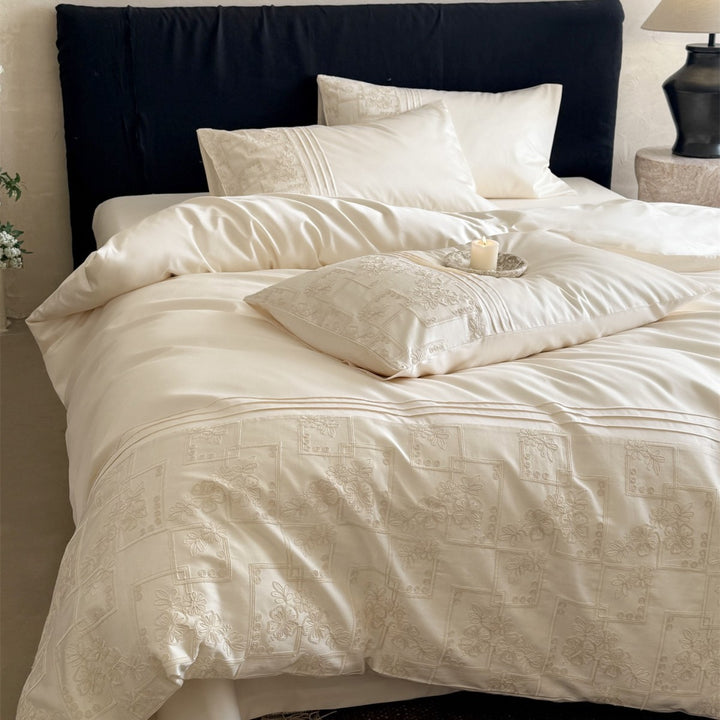 Embroidered Patchwork Motif Duvet Cover Set with Triple Pintuck Pillow Shams