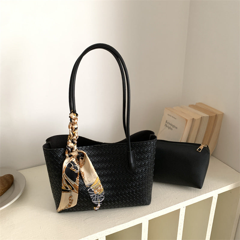 Woven Leather Tote Bag with Decorative Scarf