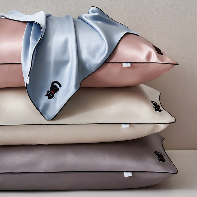 Silky Satin Pillowcase Pair with Contrasting Piping and Corner Cat Embroidery