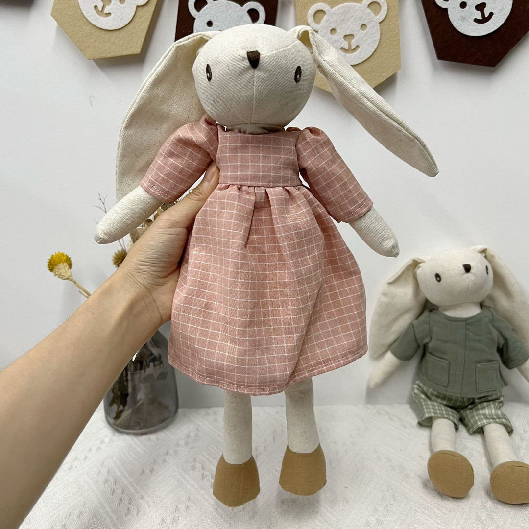 Handcrafted Floppy-Eared Linen Bunny Doll with Embroidered Face and Check Overalls