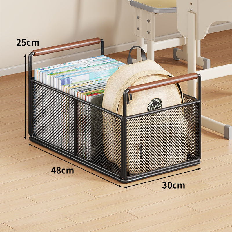 Metal Mesh Floor Storage Crate with Wooden Carry Handles