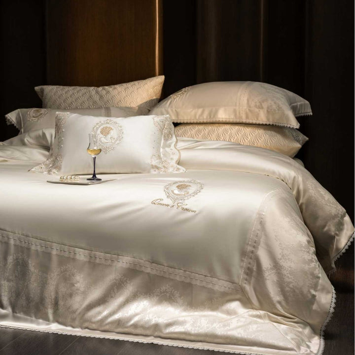 Luxurious satin bedding with jacquard floral pattern and lace trim