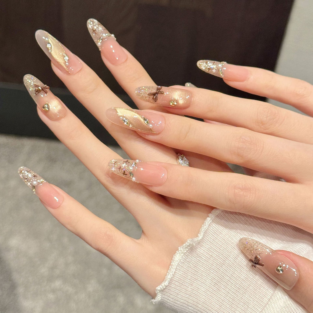 Decorative Press-On Nail Art Set with Glitter and Floral Accents  1791774296