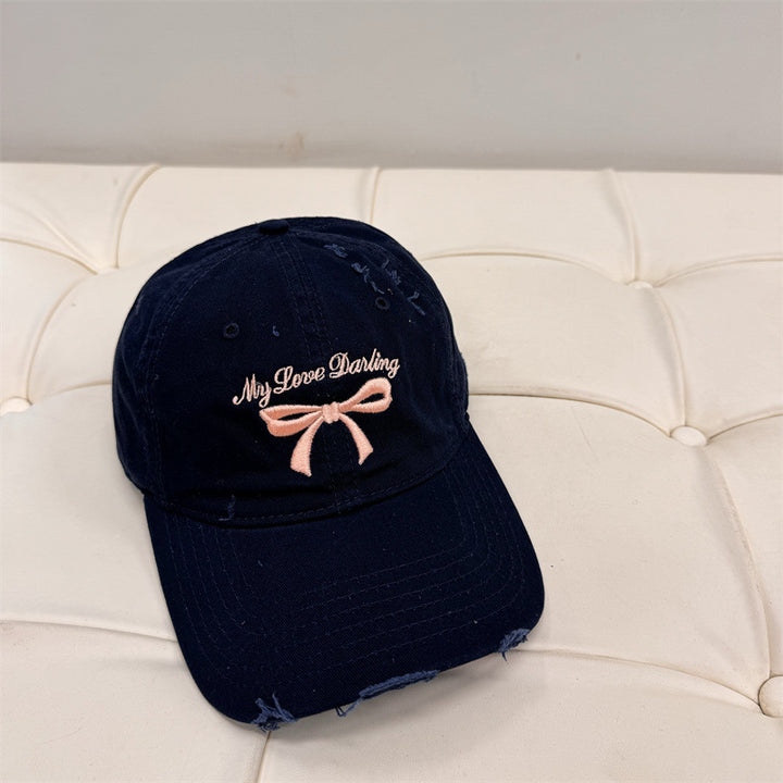 Women's Distressed Cotton Baseball Cap with Bow Embroidery Stornfield