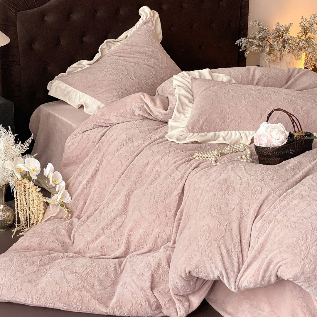 Embossed Floral Jacquard Duvet Cover Set with Ruffled Pillow Shams