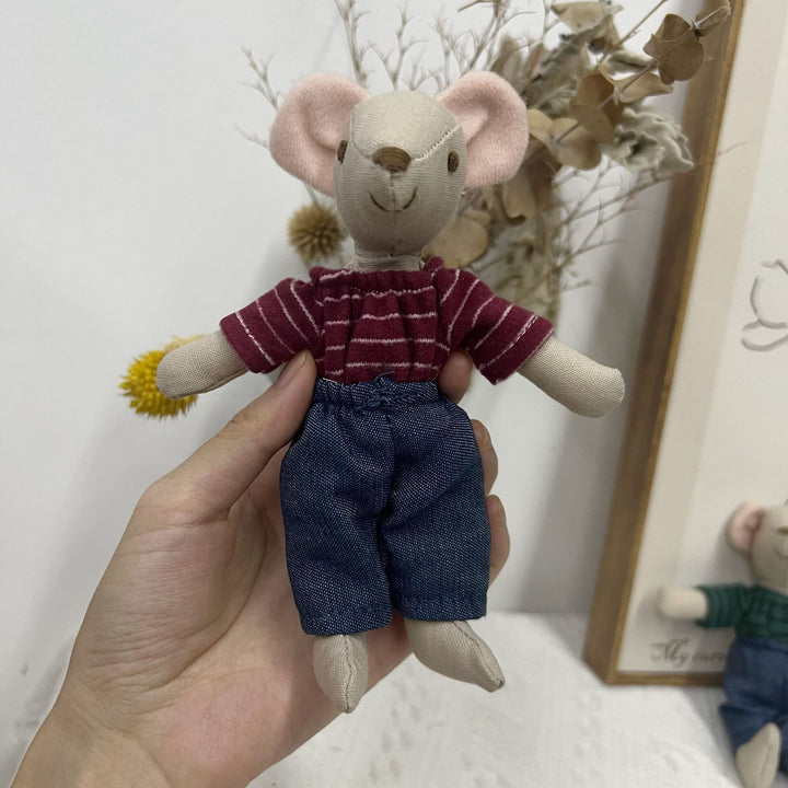 Handcrafted Linen Mouse Plush Doll with Striped Knit Shirt and Denim Pants