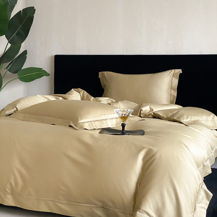 Premium Satin Bedding Set with fine hemstitch embroidery and silky smooth finish