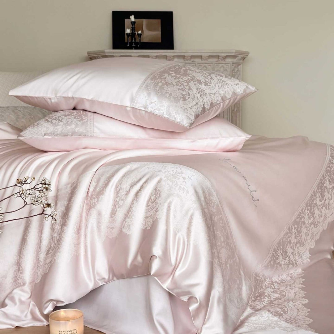 Luxury Jacquard Satin Bedspread and Duvet Cover Ensemble with Lace-Edge Skirt