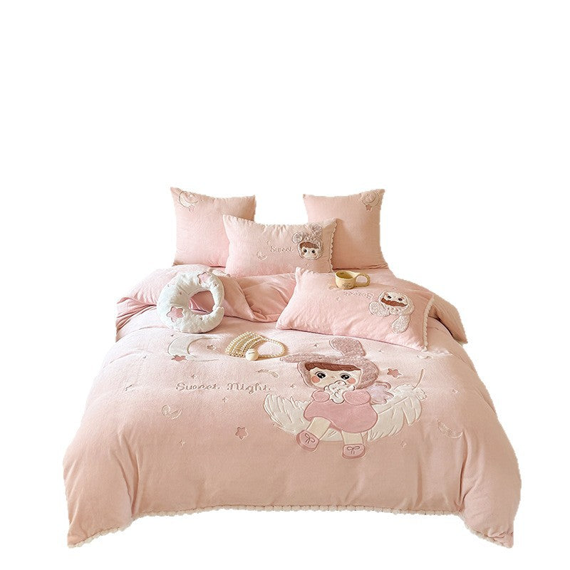 Children's Embroidered Cartoon Duvet Cover Bedding Set with Plush Appliqué & Pillow Shams