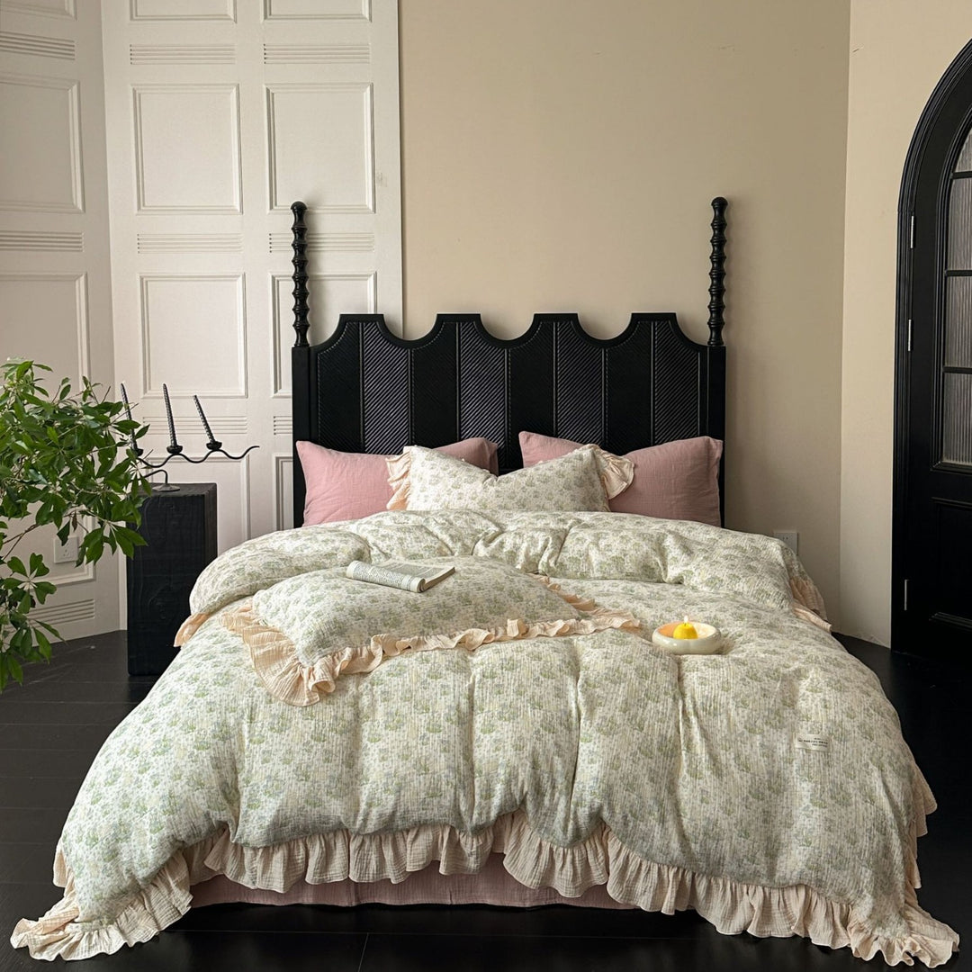 Crinkled Cotton Ruffled Duvet Cover Set with Floral Textured Finish & Frilled Shams