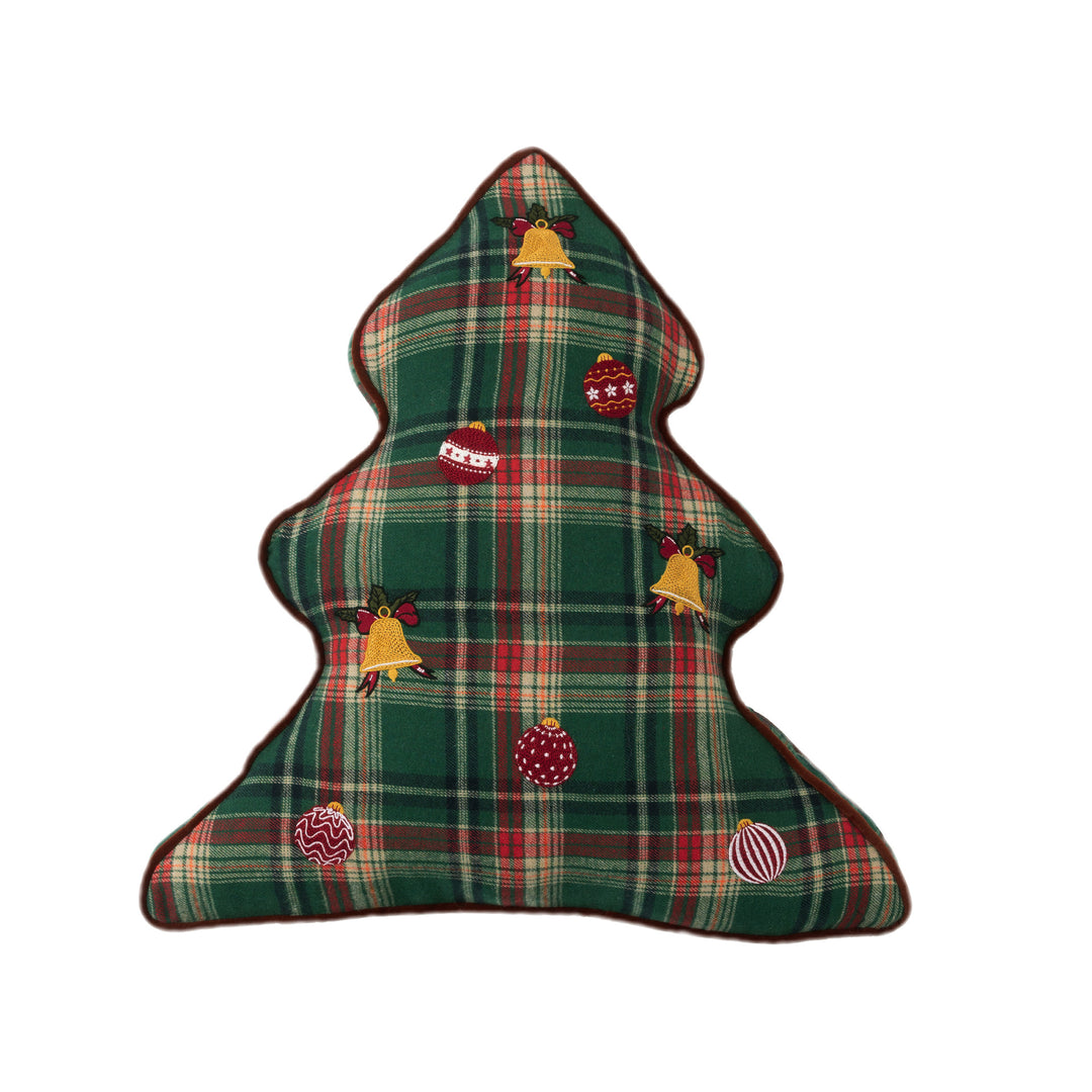 Christmas tree-shaped decorative pillow made of checked flannel with embroidered appliqués Stornfield