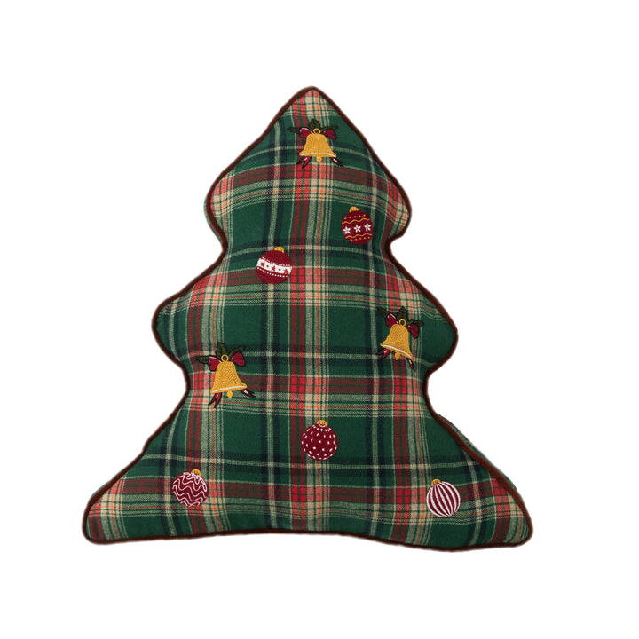 Christmas tree-shaped decorative pillow made of checked flannel with embroidered appliqués Stornfield