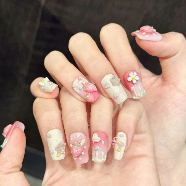 Decorative Press-On Nail Art Set with Unique 3D Charm Designs