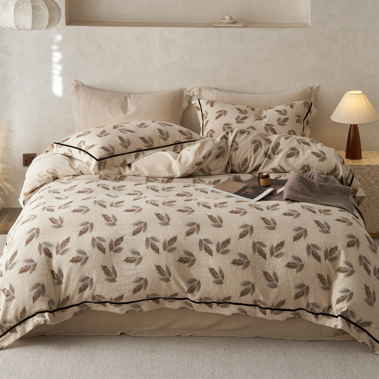 Washed Linen-Cotton Leaf Motif Duvet Cover Set with Piped Hem & Pillow Shams