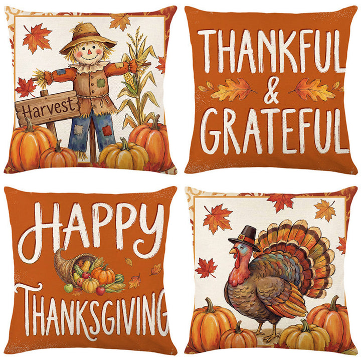 Autumn Harvest Cotton-Linen Square Throw Pillow Cover with Thanksgiving Turkey and Pumpkin Print