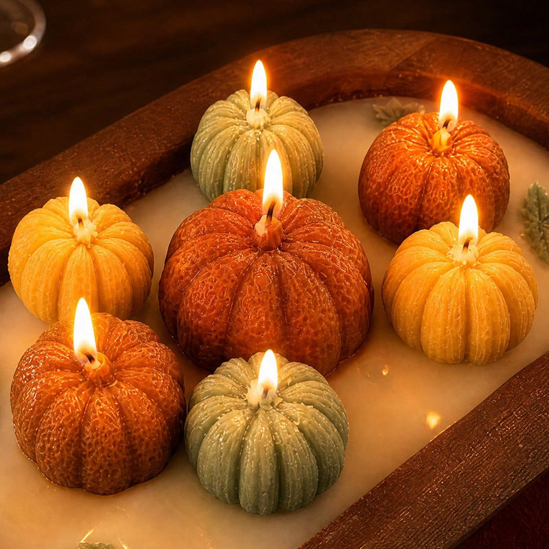 Hand-Poured Mini Pumpkin Sculptural Soy Candle Centerpiece with Wooden Tray