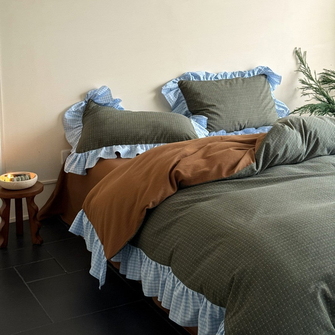 Ruffled Gingham-Trim Cotton Duvet Cover Set