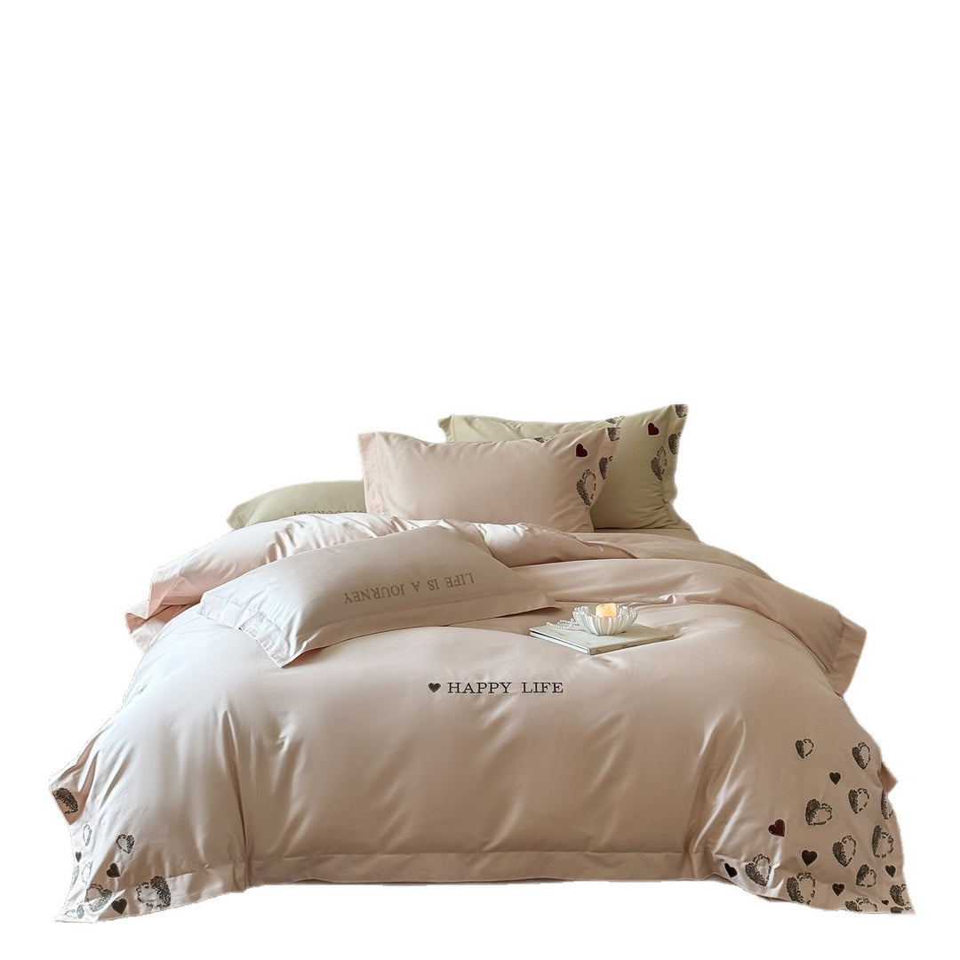 Cotton-Sateen Duvet Cover Bedding Set with Embroidered Happy Life Script and Scattered Heart Motif