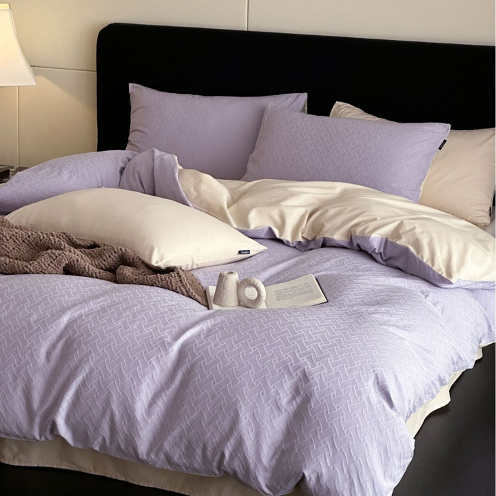 Textured Jacquard Cotton Sateen Duvet Cover Set with Reversible Weave