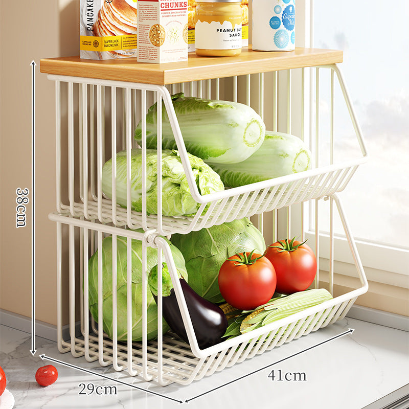 Countertop Wooden-Top Metal Wire Produce Storage Basket with Front-Tilt Access