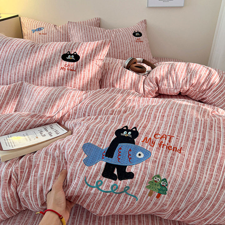 Embroidered Cotton-Blend Stripe Duvet Cover Set with Playful Cat & Fish Appliqué