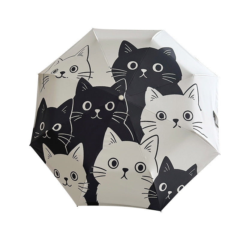 Women Folding Umbrella with Playful Cat Pattern Stornfield